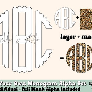 Op de afbeelding: Een digitale download van een monogram alfabetset met 104 PNG-bestanden. De afbeelding toont een wit monogram met een gegolfde rand, een luipaardprintpatroon en de tekst "layer + mask". De tekst "Fill Your Own Monogram Alpha Set 104 PNG Individual + Full Blank Alpha Included Files" is ook in de afbeelding opgenomen.