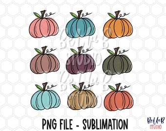 Diseño de sublimación de calabazas pintadas, calabaza minimalista, calabaza garabato, 9 calabazas, dibujado a mano, calabaza pintada, descarga digital, PNG