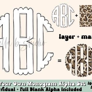 Op de afbeelding: Een set van 104 monogram alfabet PNG-bestanden. De afbeelding toont een zwarte omtrek van de letters ABC met een gegolfde rand. De letters zijn gevuld met een luipaardprint. De tekst "Fill Your Own Monogram Alpha Set 104 PNG Files Individual + Full Blank Alpha Included" staat onderaan de afbeelding.