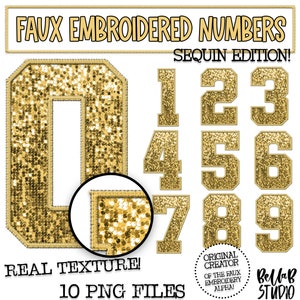 Faux Embroidered Sequin PNG Numbers Set, Gold Sequin, Gold Faux Sequin PNG, Stitched Numbers PNG, Varsity Numbers, Digital Download