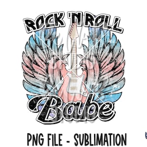 Rock n Roll Babe Sublimation Design, Rock Gitaar, Retro Design, Vintage, Wings, Rock N Roll, Sublimation Digital Download, PNG, Illustraties