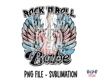 Rock n Roll Babe Sublimation Design, Rock Guitar, Retro Design, Vintage, Wings, Rock N Roll, Sublimation Digital Download, PNG, Clip Art
