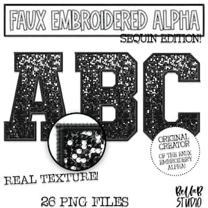 Faux Embroidered Sequin PNG Alphabet Set, Black Sequin, Black Faux Sequin PNG, Stitched Alpha PNG, Varsity Letters, Digital Download