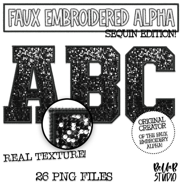 Faux Embroidered Sequin PNG Alphabet Set, Black Sequin, Black Faux Sequin PNG, Stitched Alpha PNG, Varsity Letters, Digital Download