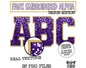 Faux broderad paljett PNG alfabetsset, lila paljett, gul faux paljett PNG, sydd alfabet PNG, universitetsbokstäver, digital nedladdning
