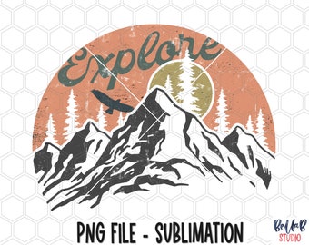 May include: A vintage-style graphic design featuring a mountain range with a sunset behind it. The text "Explore" is written in a retro font above the mountains. A bird is flying in the sky above the mountains.
