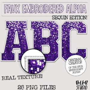 Faux Embroidered Sequin PNG Alphabet Set, Purple Sequin, White Faux Sequin PNG, Stitched Alpha PNG, Varsity Letters, Digital Download