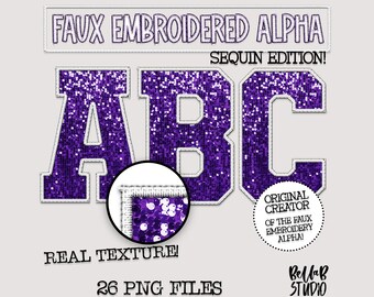 Faux broderad paljett PNG alfabetsset, lila paljett, vit faux paljett PNG, sydd alfabet PNG, universitetsbokstäver, digital nedladdning