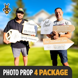 May include: Two people holding photo props for real estate agents. The props include a large key, a house with "Just Closed" written on it, and a house with "Closed!" written on it. The props also include the phone number 678-272-2576 and the website WatkinsREA.com.