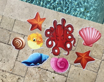 Fun Pool Floor Decoration Set | Removable Reusable Pool Decor Mats | Underwater Designs | Sea | Logo | Underwater Mat | Decal