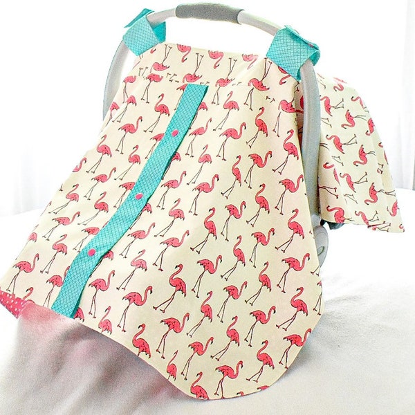 Pink flamingos on cream cotton baby carseat canopy cover with snaps
