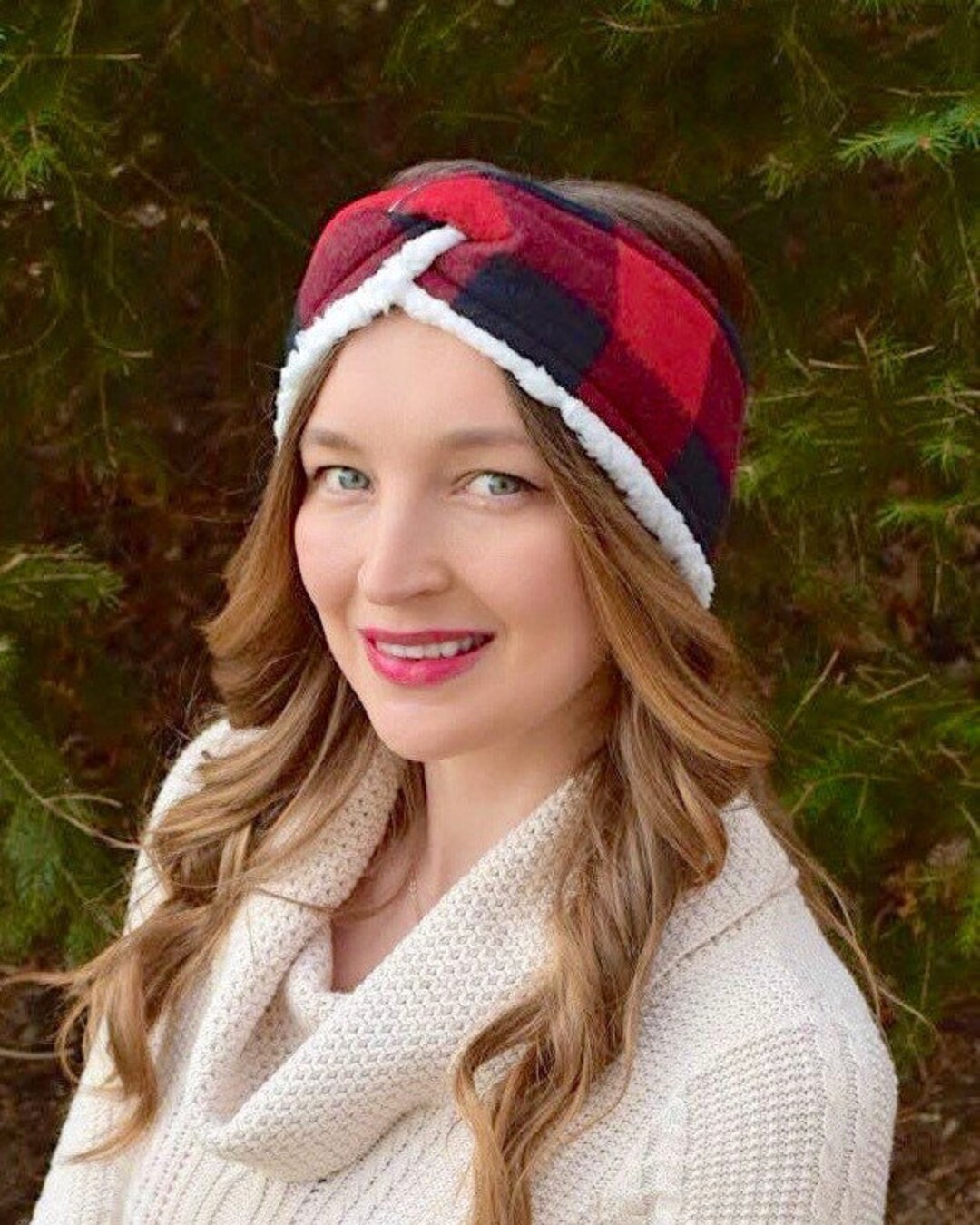 Red Buffalo Plaid Fleece Sherpa Lined Turban Headband Ear Etsy