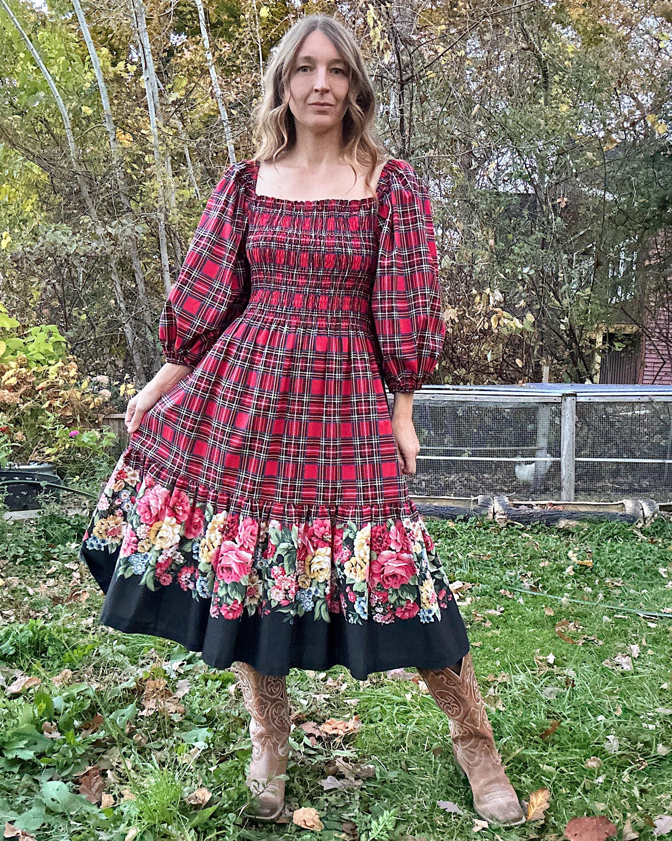 red prairie dress 80's by E+M Augustat happysundayvintage It also layers beautifully with a long Red Plaid Smocked Bodice Prairie