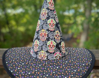 Handmade Quilted Witch Hat – Glow-in-the-Dark Stars & Sugar Skull Cone – Halloween Festival Cosplay Wizard Hat