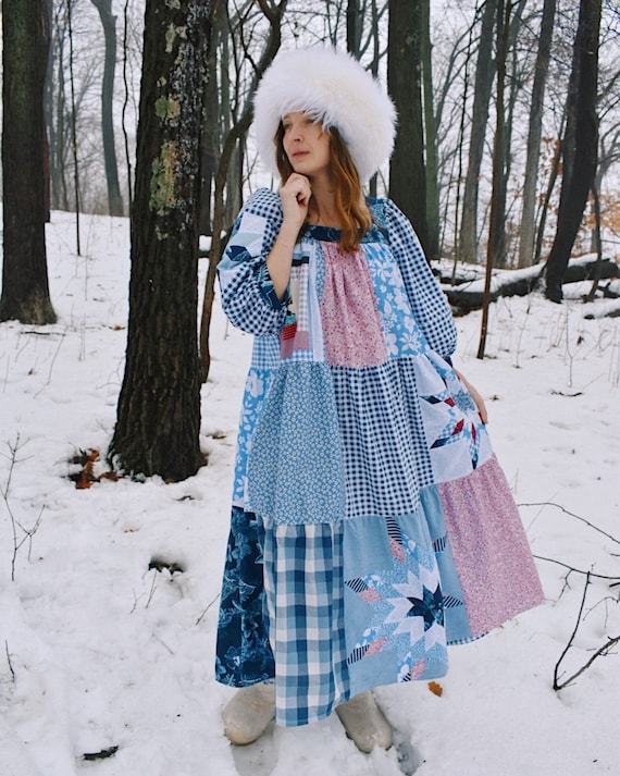 Prairie Star Quilt Patchwork Handcrafted Heirloom Cotton Dress with Puffed Sleeves and Hidden Pockets