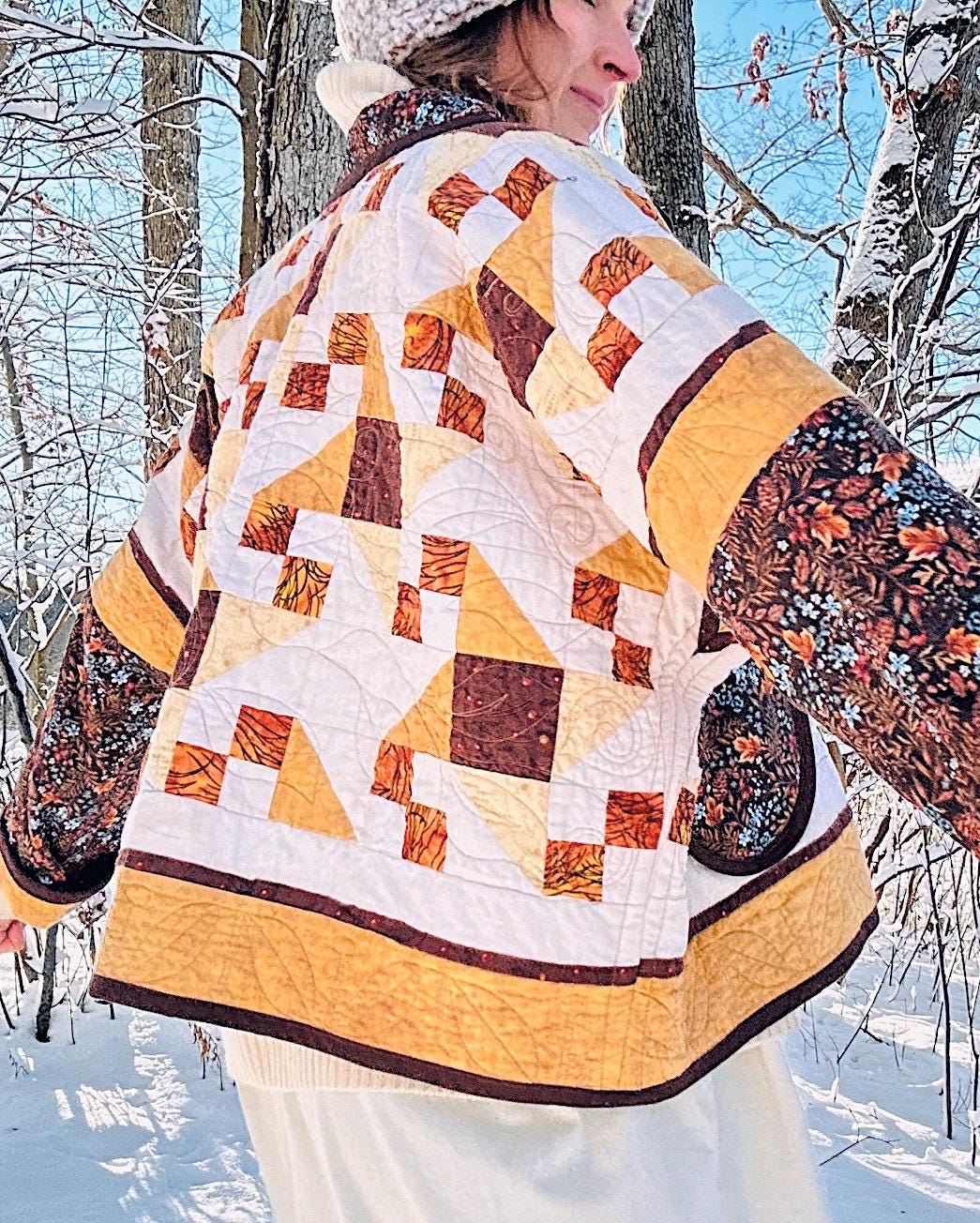 Vintage Quilt Jacket With Wooden Toggles, Cottagecore Batwing Coat