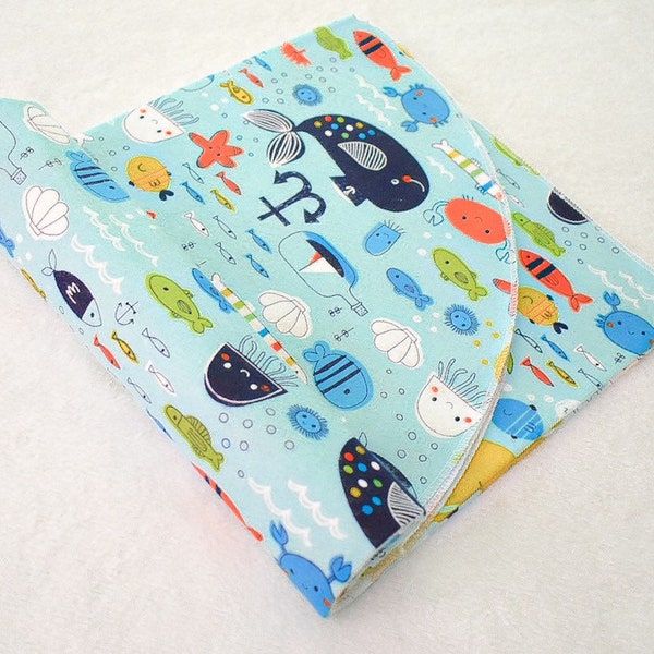 Baby sea creatures blue soft cotton flannel baby swaddle blanket