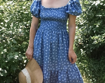 Dark Blue Floral Cotton Smocked Bodice Prairie Dress