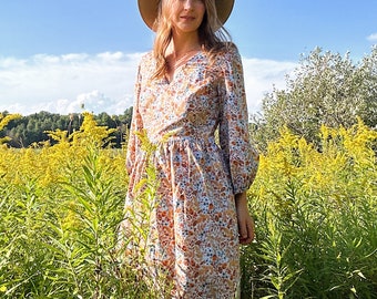 Handmade Cream Calico Cotton Wrap Dress, Cottagecore Midi with Pockets