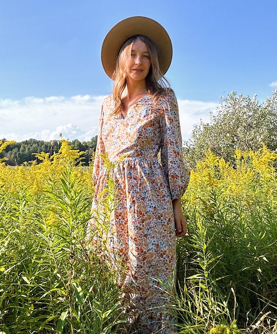 Handmade Cream Calico Cotton Wrap Dress, Cottagecore Midi with Pockets