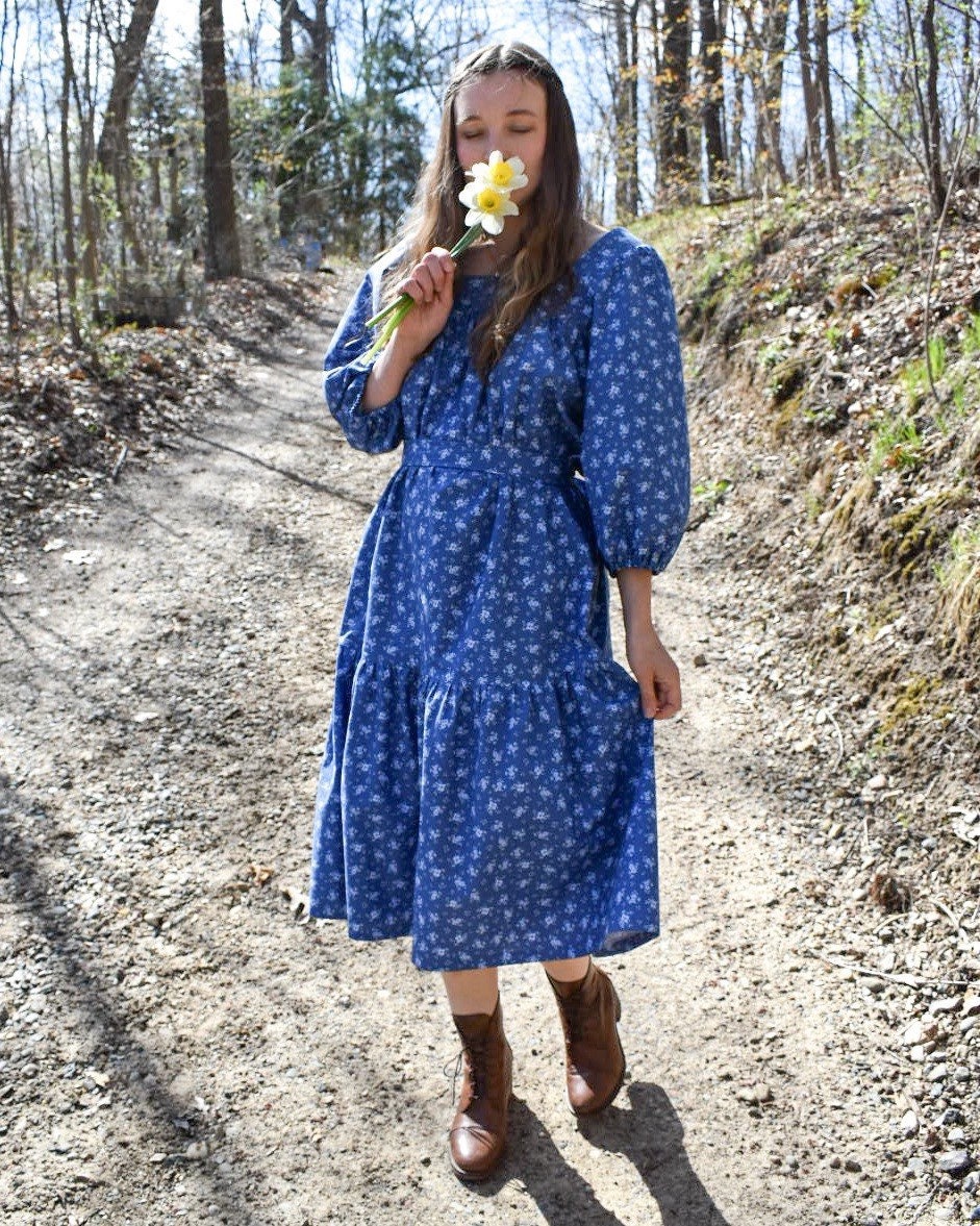 Square Neck Puff Sleeve Midi Dress Dark Blue Floral | Etsy