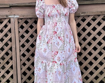 Handmade Floral Patchwork Prairie Dress, Smocked Boho Midi with Pockets