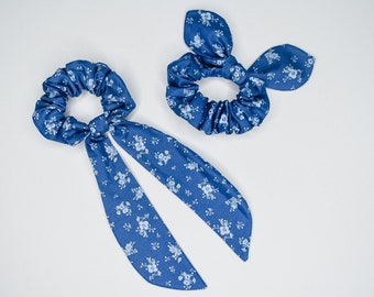 Dark Blue Floral Cotton Calico Fabric Scrunchie with Scarf