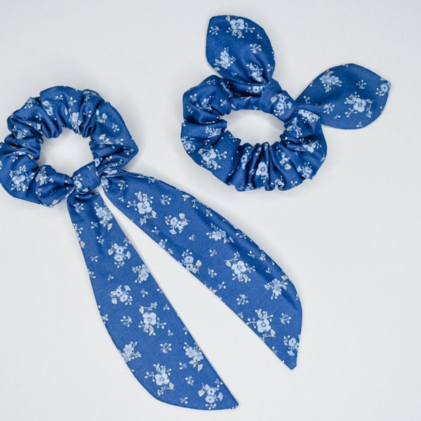 Dark Blue Floral Cotton Calico Fabric Scrunchie with Scarf