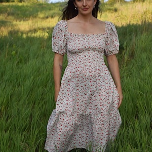 Lipstick Red Mini Roses on White Cotton Prairie Dress, Smocked Bodice, Puffed Sleeves, Midi Length, with Pockets