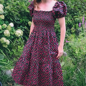 Red Roses on Black Cotton Prairie Dress, Smocked Bodice, Puffed Sleeves, Midi Length, with Pockets