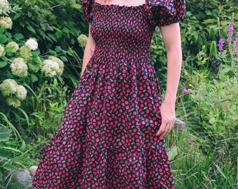 Red Rose Prairie Dress: Black Cotton Smocked Midi with Pockets