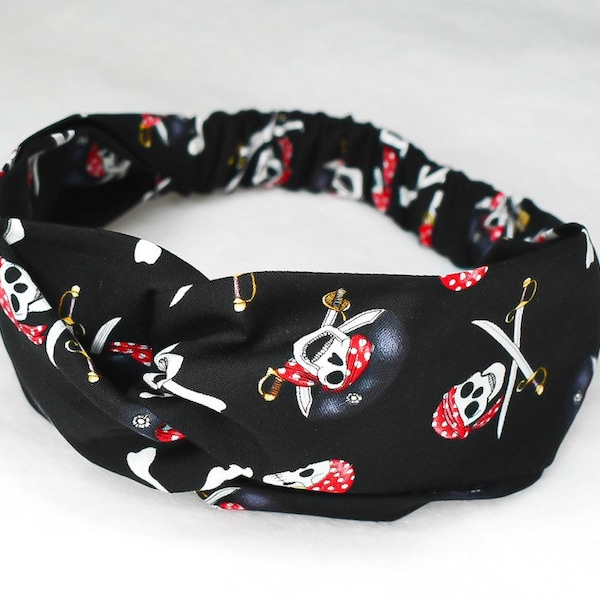 Pirate Skulls on Black Cotton Twisted Turban Headband