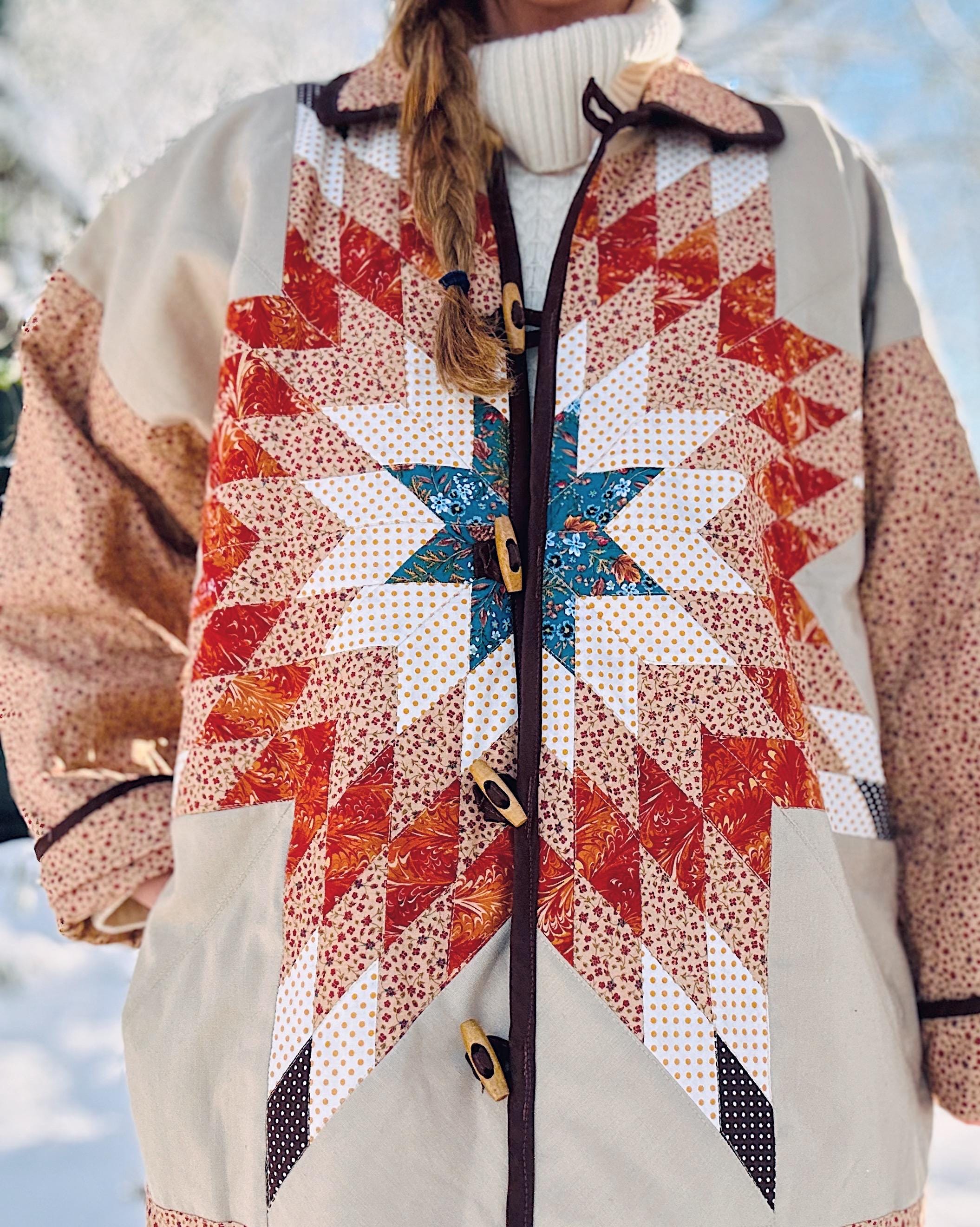 Handmade Vintage Patchwork Toggle Coat, Prairie Star Quilt Jacket