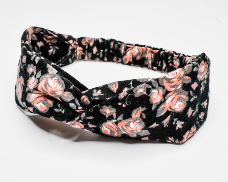 Coral Vintage Rose Twisted Turban Headband Cotton Flannel Headband Flannel Twist Headband Black Floral Headband