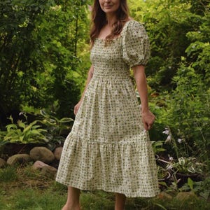 Daisy Gingham, Packed Daisies on Sage Green Check Cotton Prairie Dress, Smocked Bodice, Puffed Sleeves, Midi Length, with Pockets