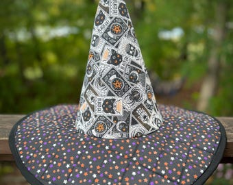 Handmade Quilted Witch Hat – Black Cat Tarot & Glow Stars – Reversible Halloween Festival Cosplay Hat