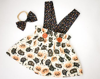 Tossed Cat Heads on Ivory with Glow in the Dark Stars Suspenders Halloween Cotton Fabric Suspender Skirt