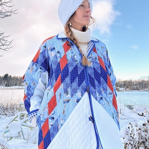 Blue Diamond-quiltjack, jas met knevel, handgemaakte folk bovenkleding, uniek, katoenen gewatteerd jack, gezellige lente-tot-herfstlaag