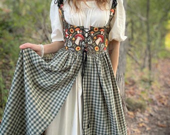 Sunflower & Mushroom Corset Duster – Green Plaid Stay Overdress | Artisan Cottagecore Dress with Pockets