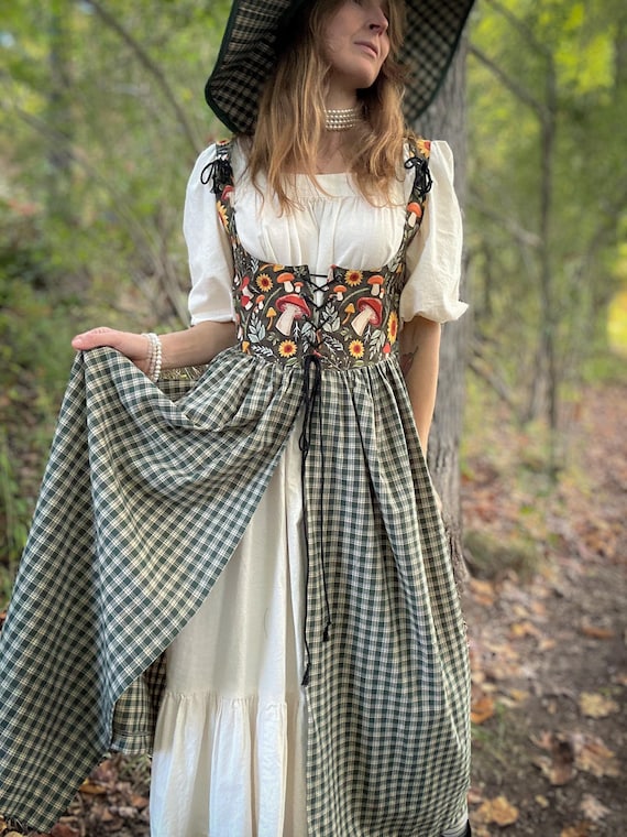 Sunflower & Mushroom Corset Duster - Green Plaid Stay Overdress | Artisan Cottagecore Dress with Pockets