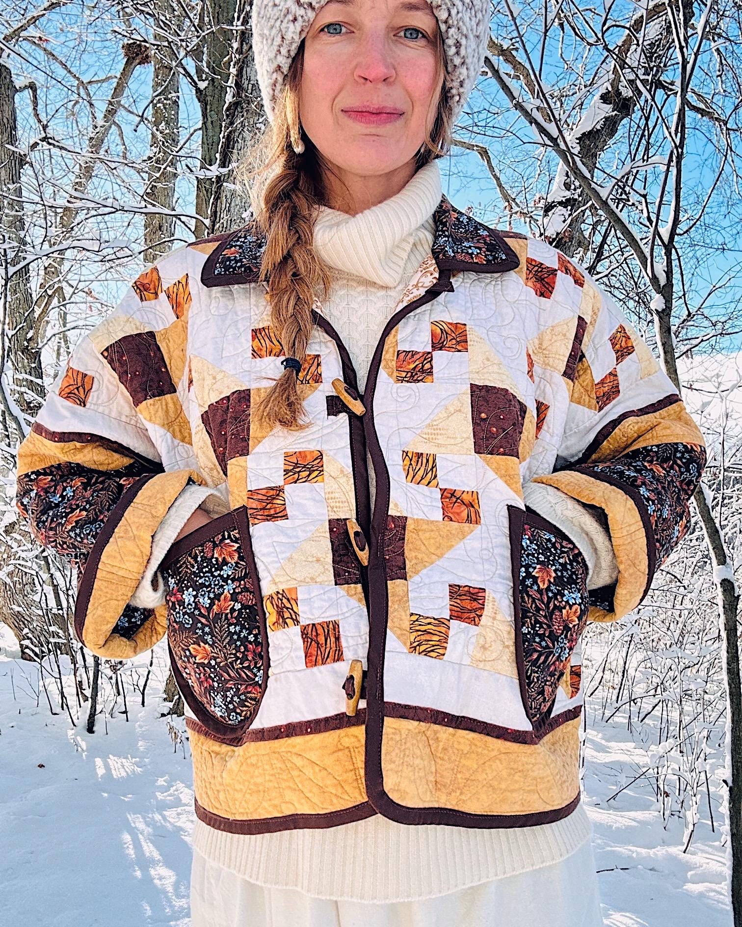 Vintage Quilt Jacket With Wooden Toggles, Cottagecore Batwing Coat