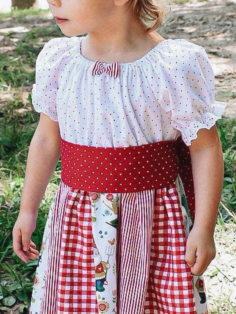 Prairie Dress- Garden Gnomes Cottage Dress Patchwork Peasant Dress Premium Cotton Dress Toddler Girl Dress Baby Girl Dress