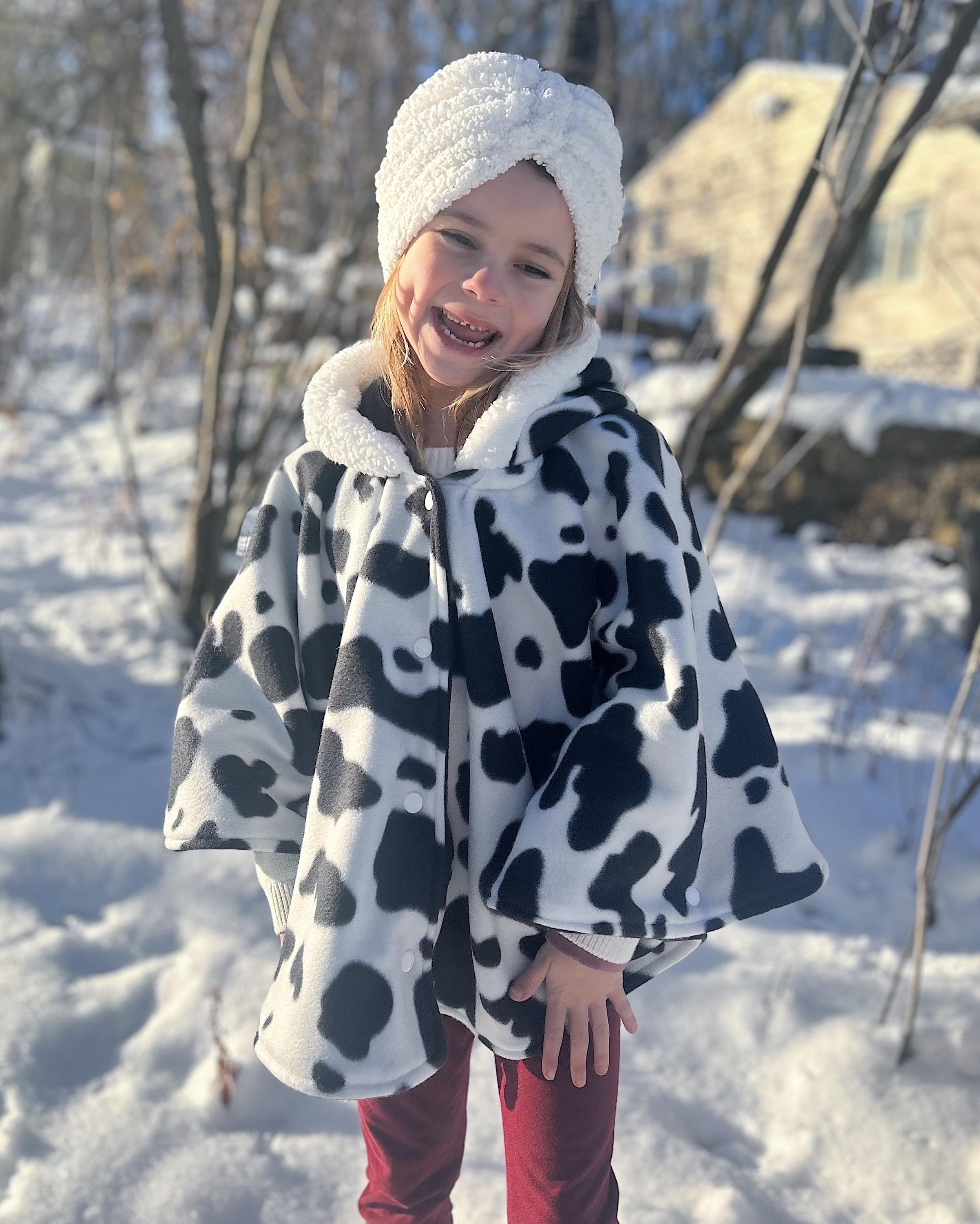 Reversible Kids Fleece Poncho with Oversized Hood - Cow Print & Solid Black