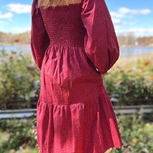 Deep Red Floral Smocked Bodice Dress – Long Sleeve Cottagecore Prairie ...