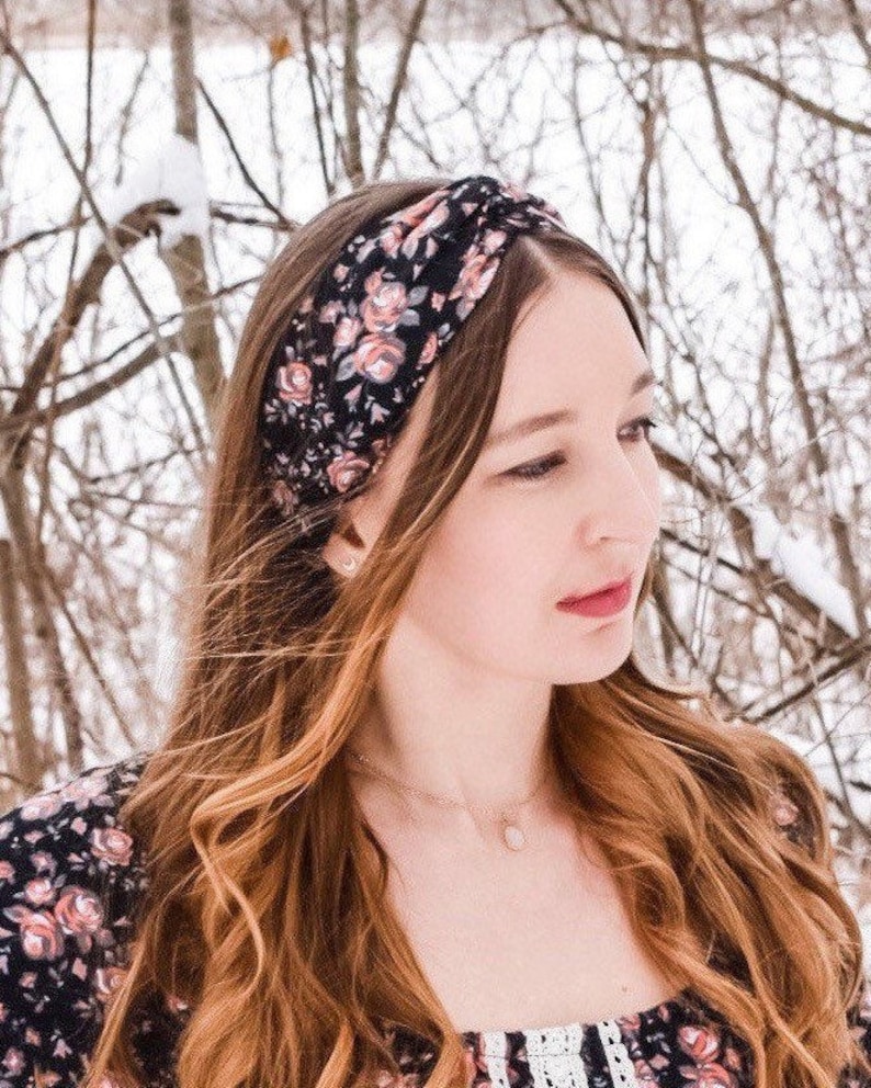 Coral Vintage Rose Twisted Turban Headband Cotton Flannel Headband Flannel Twist Headband Black Floral Headband