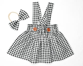 Black and White Gingham Check Cotton Suspender Skirt