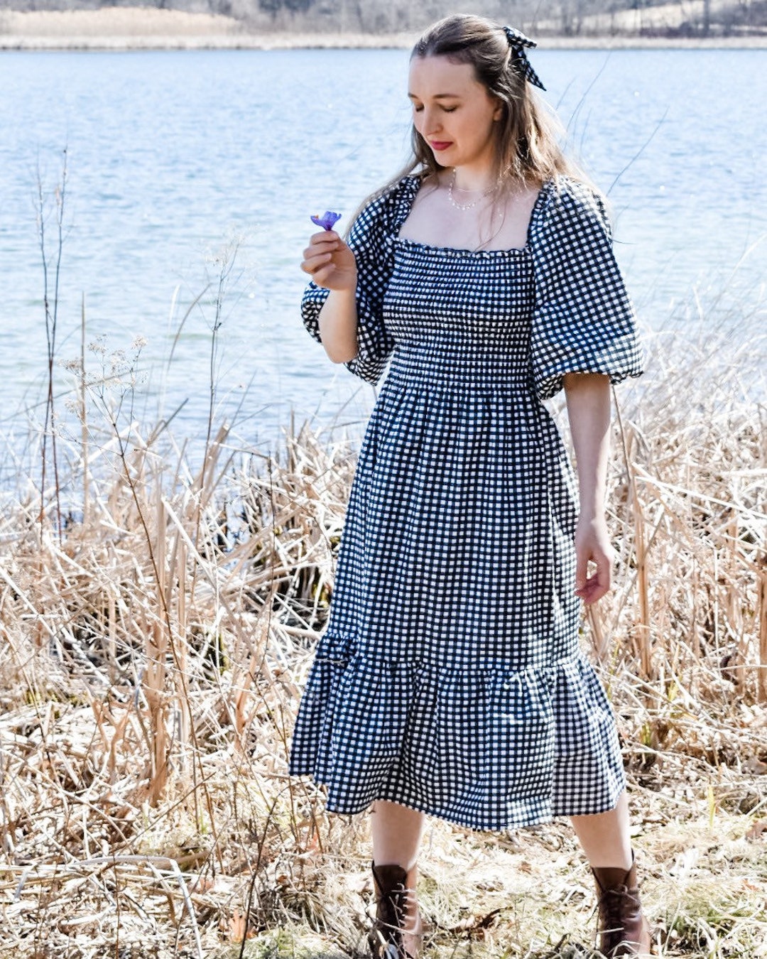 Black Gingham Smocked Dress