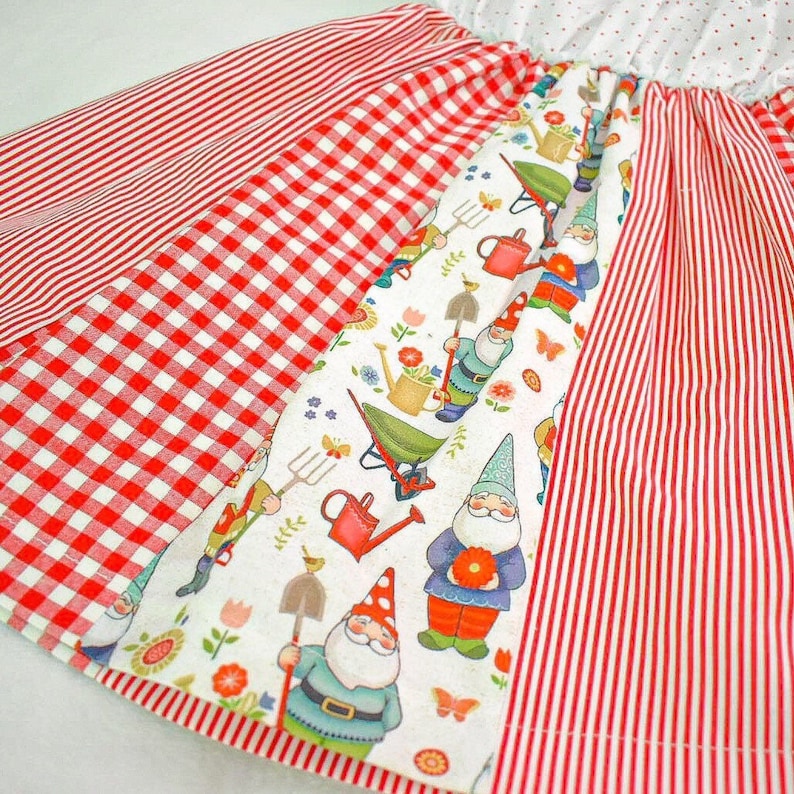 Prairie Dress- Garden Gnomes Cottage Dress Patchwork Peasant Dress Premium Cotton Dress Toddler Girl Dress Baby Girl Dress