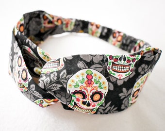 Sugar Skulls on Floral Twisted Turban Headband