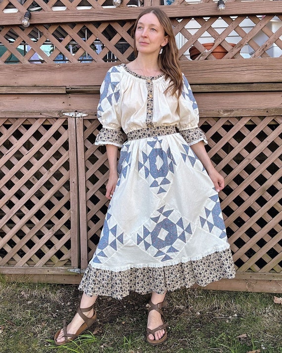 Vintage Quilttop Cotton Muslin Peasant Patchwork Dress – 3/4 Puff 
